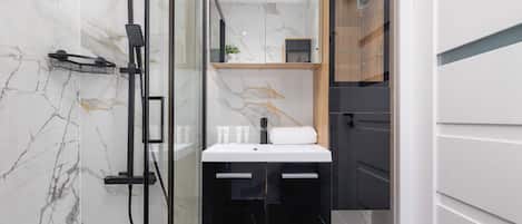 Shower, hair dryer, towels, shampoo