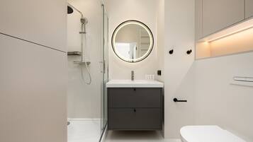 Shower, hair dryer, towels, shampoo