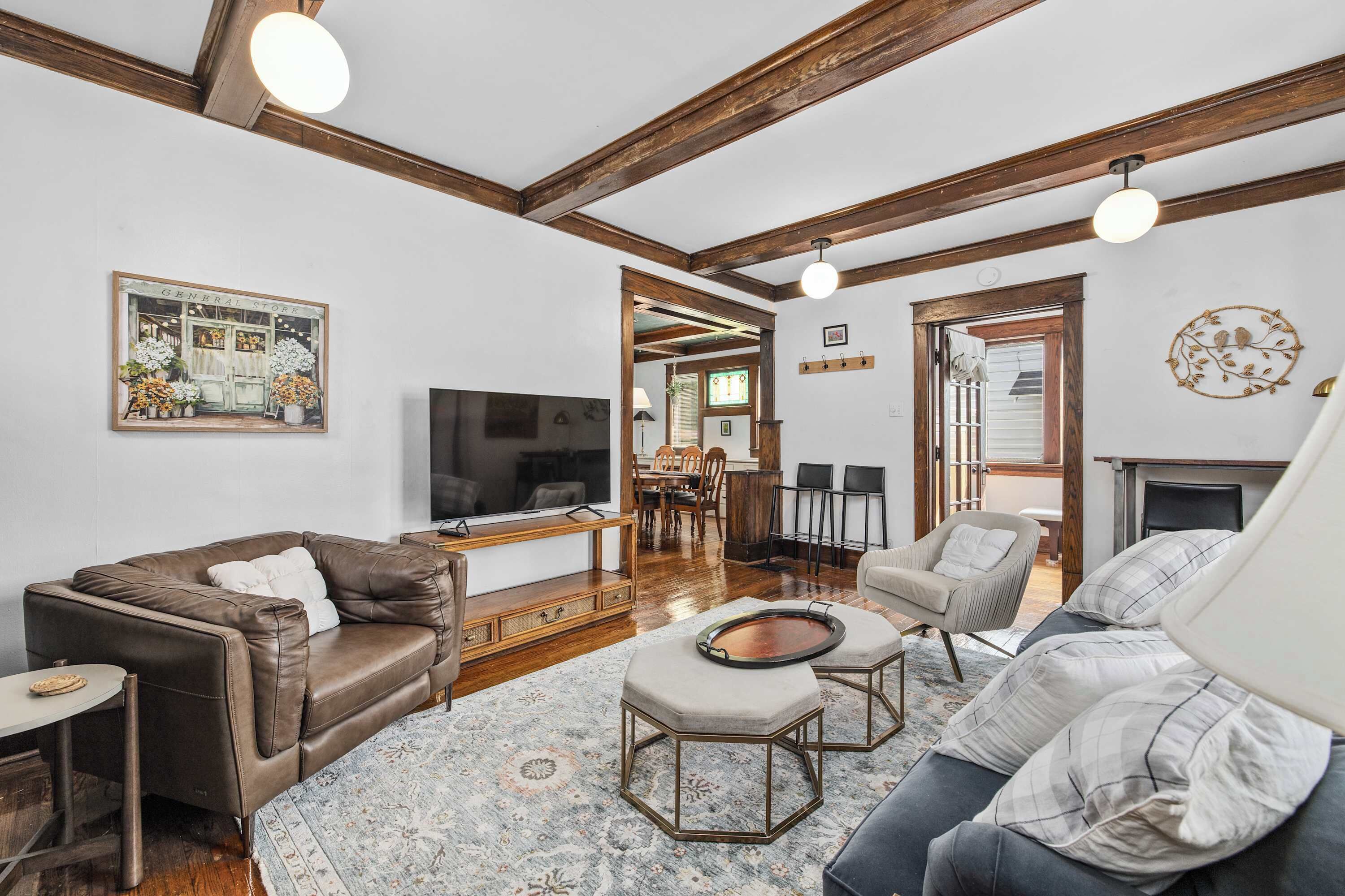 TV, fireplace, books, offices