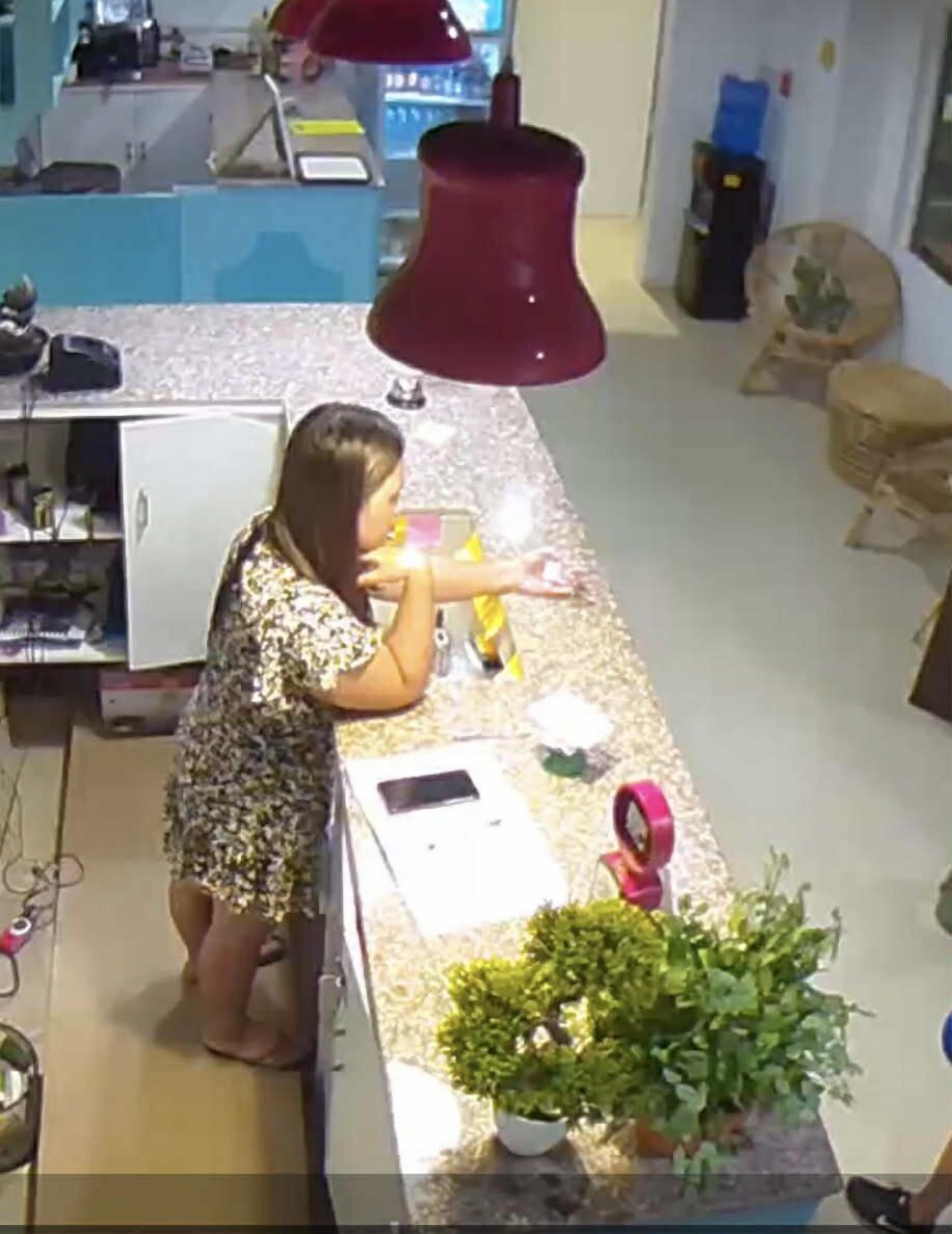 A room with a desk, a red lamp, a potted plant, and a white refrigerator.