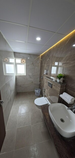 Shower, free toiletries, towels, soap