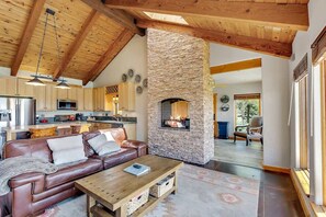 TV, fireplace, books, offices