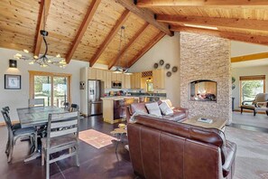 TV, fireplace, books, offices