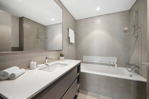 Hair dryer, towels, soap, shampoo