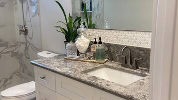 Hair dryer, towels, soap, toilet paper