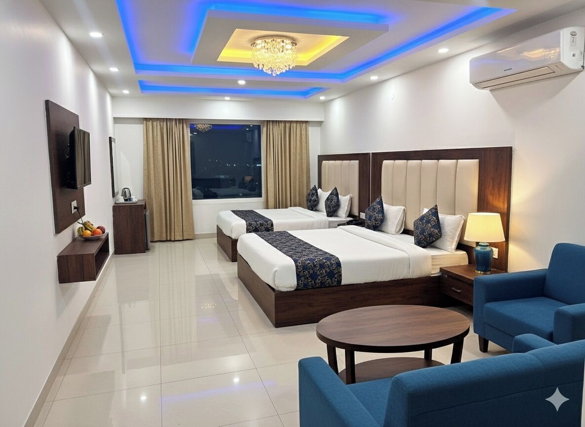 Premium bedding, pillow-top beds, desk, laptop workspace