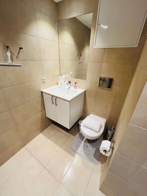 Shower, hair dryer, towels