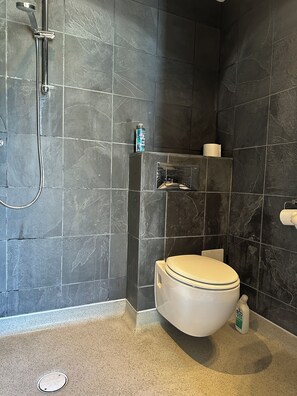 Ein Badezimmer mit dunklen Marmorfliesen, einer Toilette, einer Dusche mit Duschbrause und einer Handseife auf dem Boden.