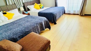 A hotel room with two beds, a wooden floor, an air conditioning unit, and a window with curtains. - Nagomi no Yado Umeda 1 station 3 min. walk from station 1 building 4 rooms for private use Kyoto-Kobe direct access (大阪市淀川区十三本町2丁目)