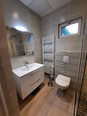 Ducha, toallas, jabón, papel higiénico