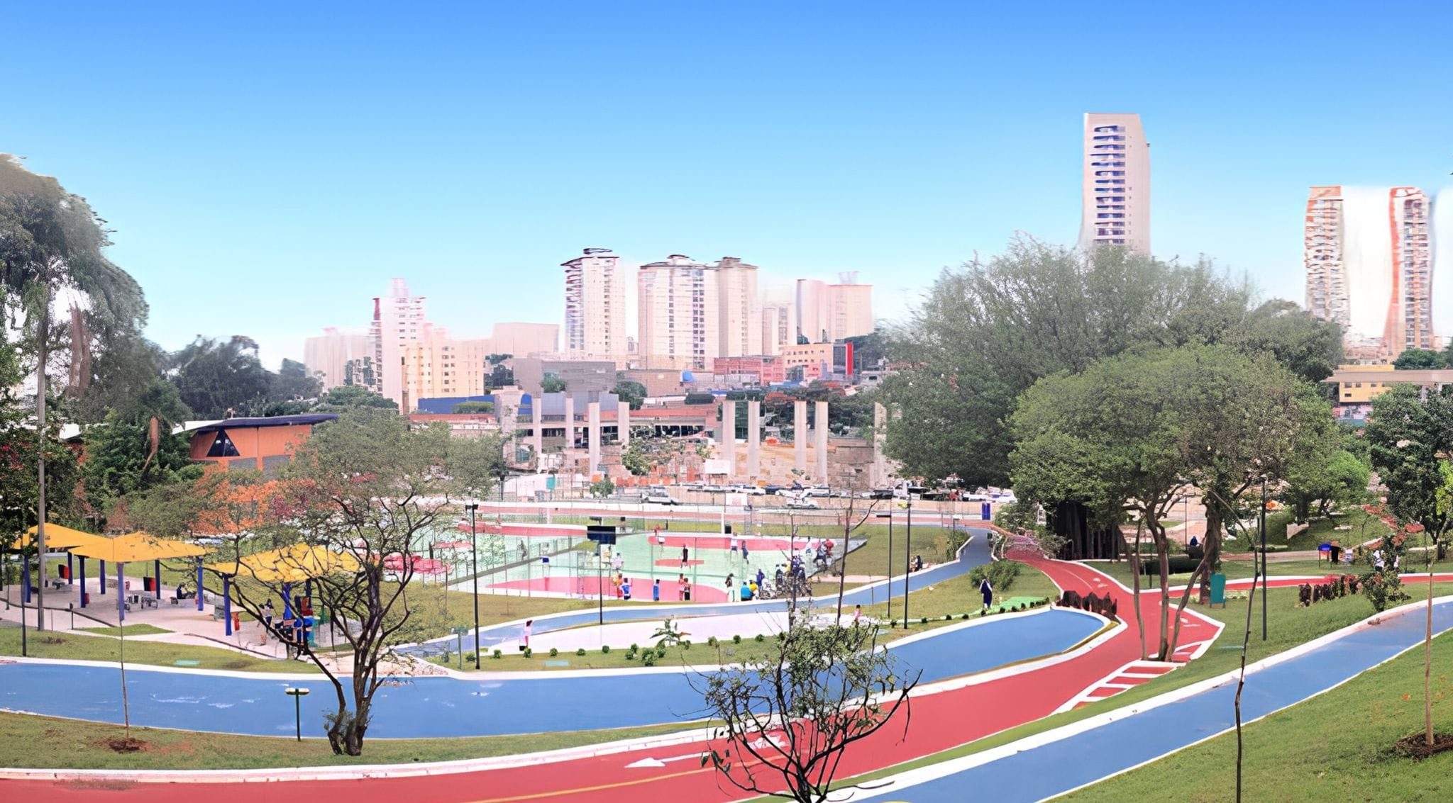 A park with a winding path, a playground, and a large open area with trees.