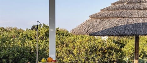 An outdoor dining area with a tiled bar, stools, and a thatched-roof structure.