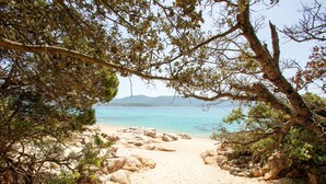 A beach path leading to a sandy beach with clear blue water and distant mountains.