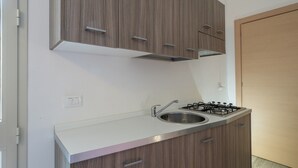 Una cucina moderna con piano cottura a gas, lavello in acciaio inossidabile e mobili in legno.