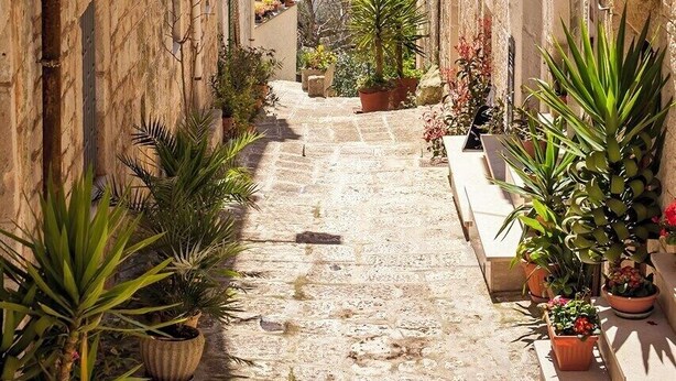 A narrow stone pathway flanked by buildings with balconies, leading to a scenic view.