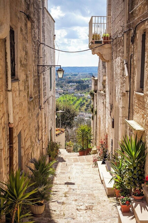 A narrow stone pathway flanked by buildings with balconies, potted plants, and a view of a distant landscape.