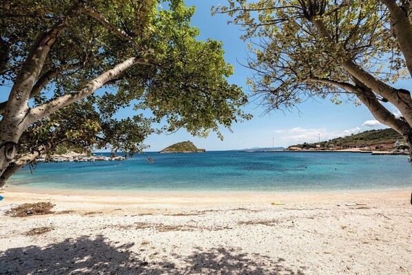 A beach with clear turquoise water, sandy shore, and trees framing the view.