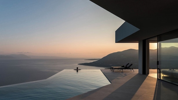 A modern infinity pool with a view of the sea and mountains. - Oikos Nostos - Three Bedroom Villa, Sleeps 6 (Lefkada City)