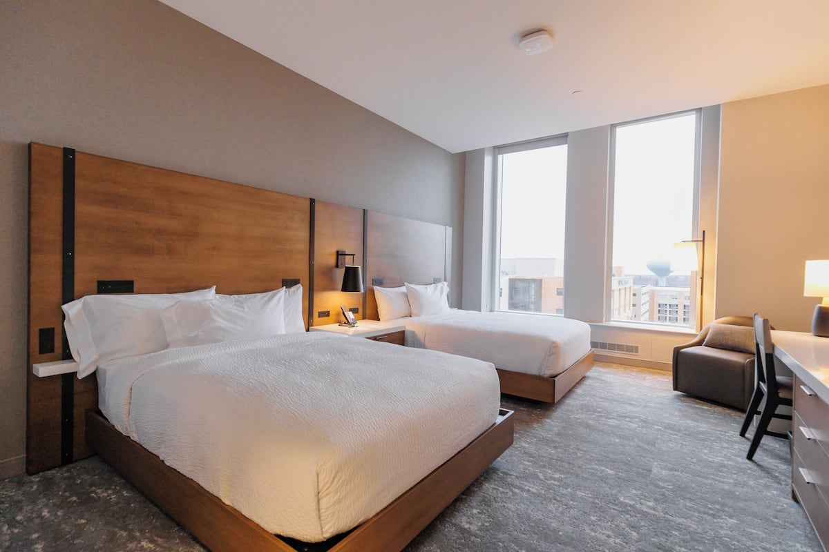 Double Room, 2 Queen Beds, Mobility Accessible | In-room safe, desk, laptop workspace, blackout drapes