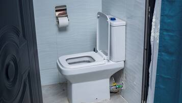 A toilet in a bathroom with a toilet paper holder on the wall.