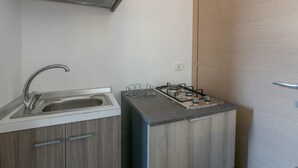Una cucina compatta con lavandino, fornello e mobili in legno.
