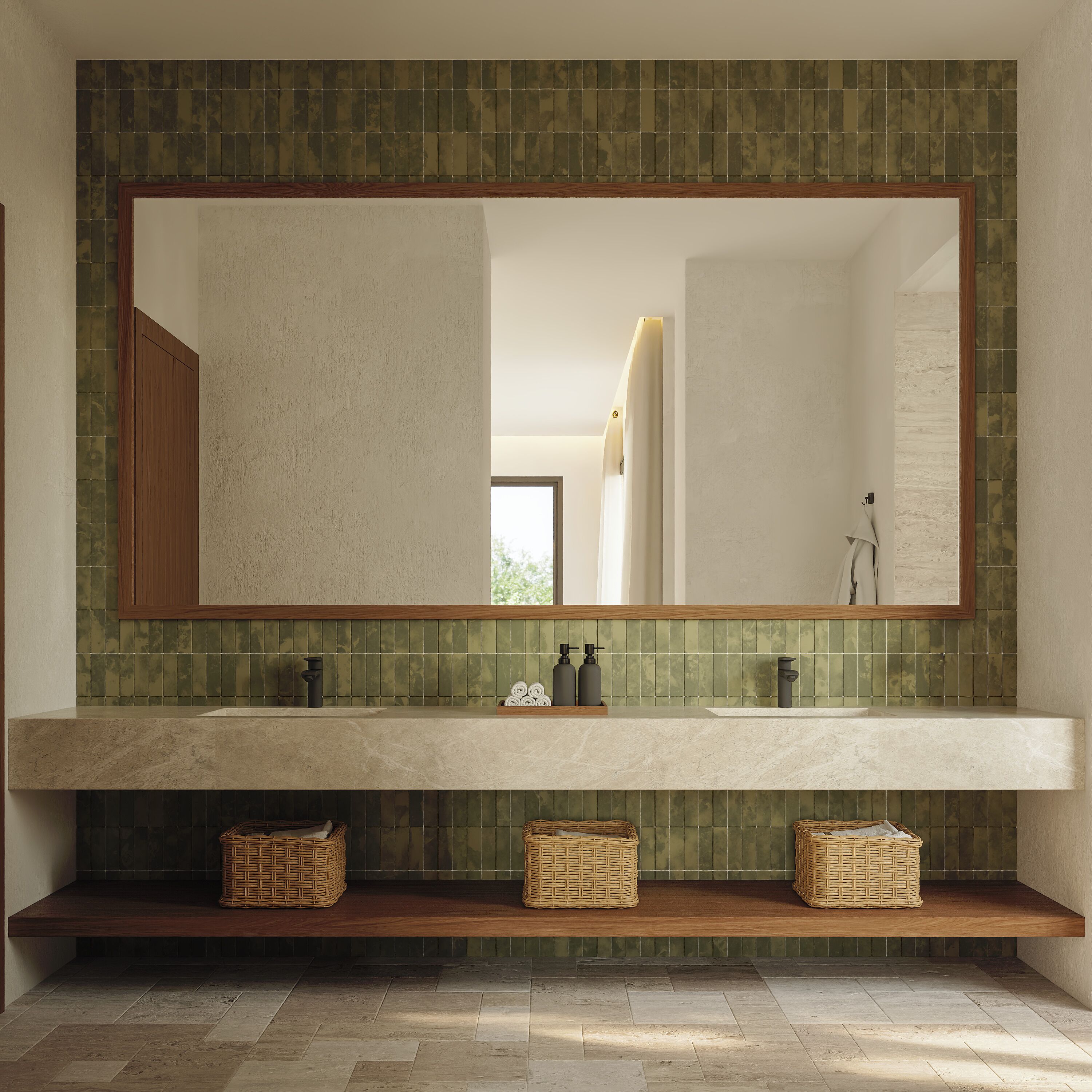 A bathroom with a large mirror, two sinks, and wicker baskets on shelves.