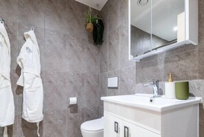 Shower, hair dryer, towels