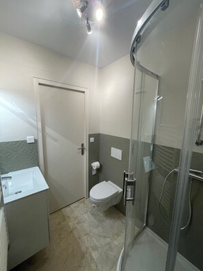 Shower, towels, soap, toilet paper