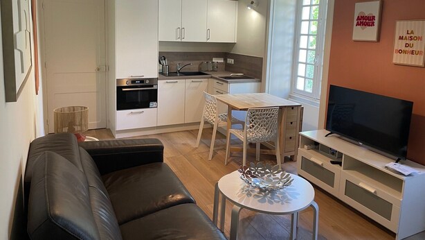 Un salon moderne comprenant un canapé, une table à manger avec des chaises, un téléviseur et un coin cuisine avec des placards et un évier.