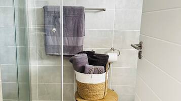 Shower, hair dryer, towels, soap