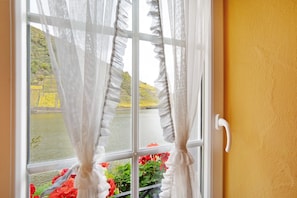 A window with sheer curtains, a view of a river, and red flowers. - Room 'Small Double Room 3' with Lake View, Shared Terrace and Wi-Fi (Briedern)