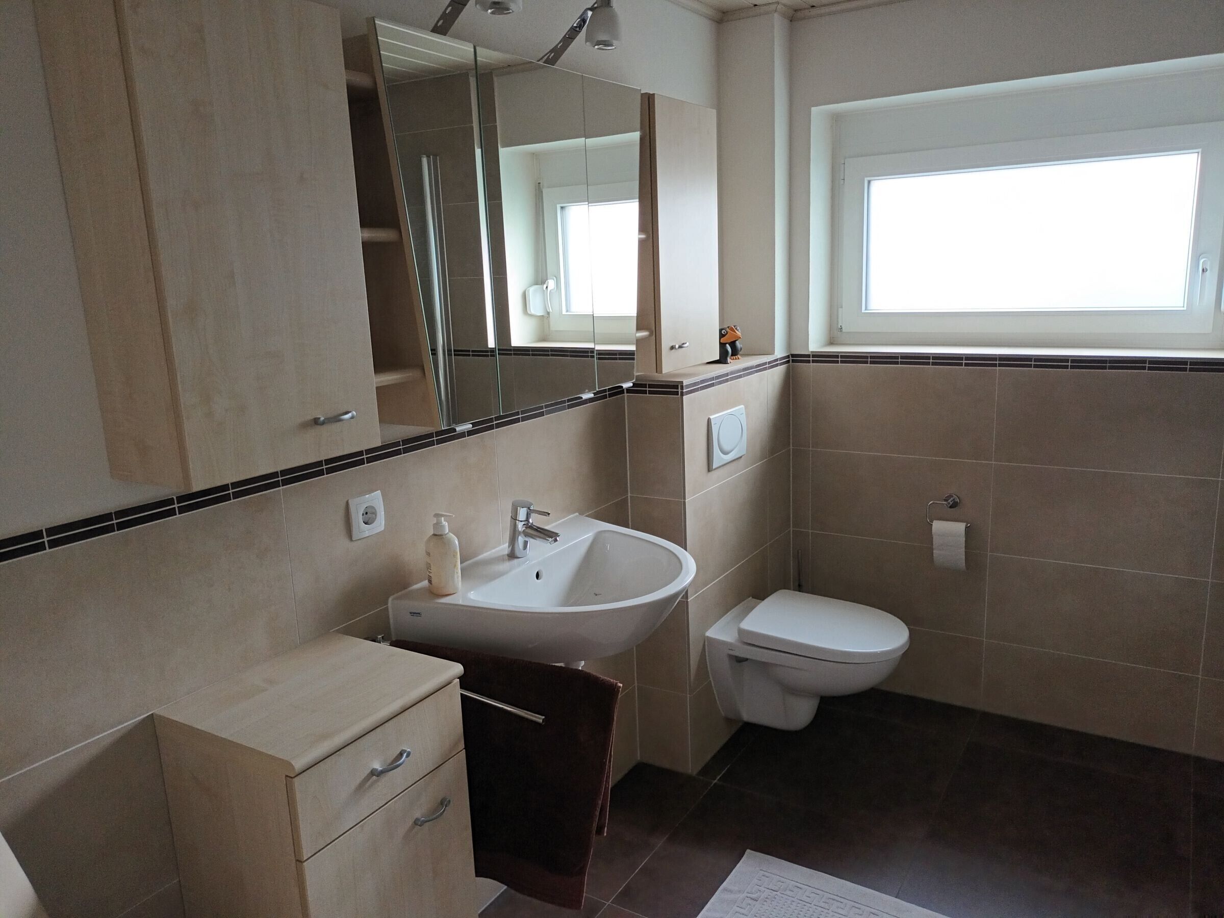 Une salle de bain équipée d’un lavabo, de toilettes, d’un miroir et d’un meuble de rangement.