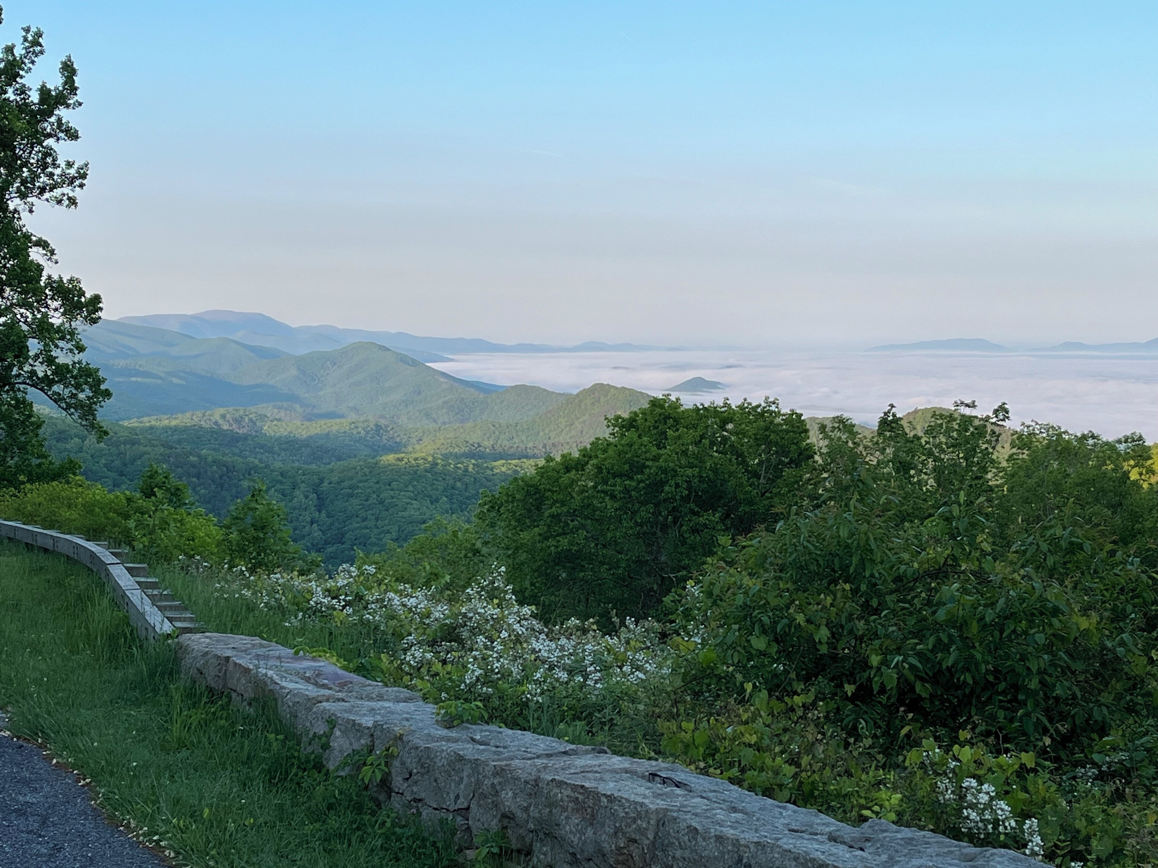 A scenic overlook with a stone retaining wall, lush greenery, and distant mountain ranges.