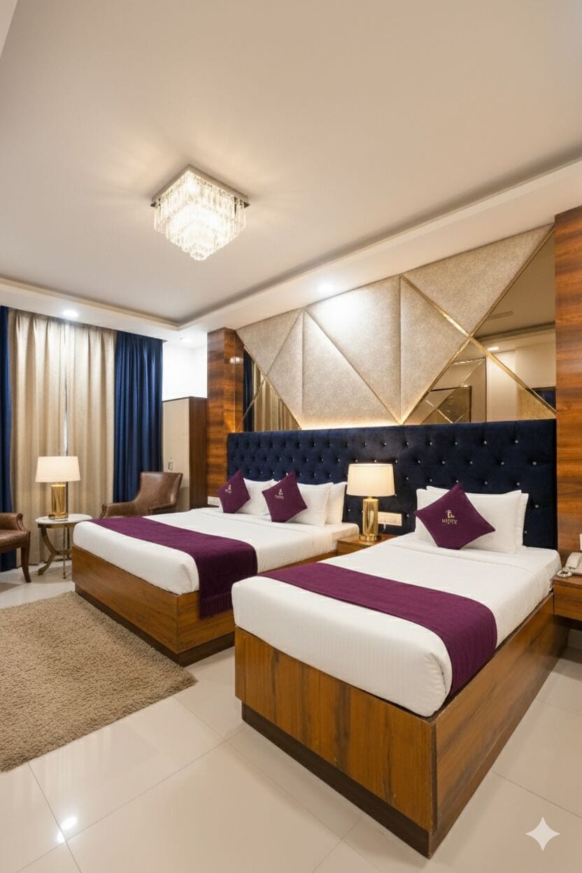 Premium bedding, memory-foam beds, desk, laptop workspace