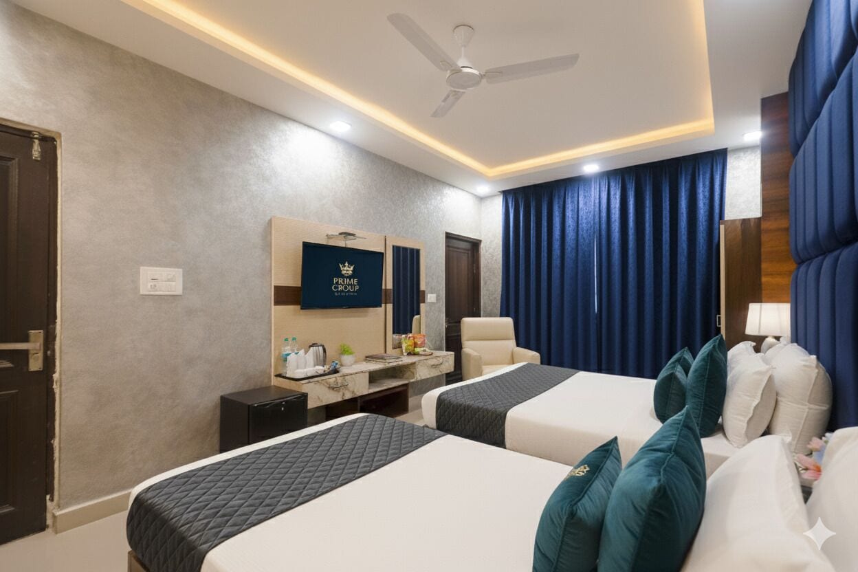 Premium bedding, memory-foam beds, desk, laptop workspace