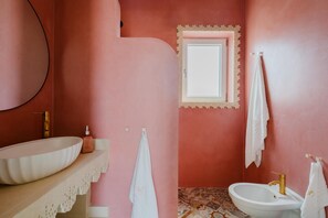 Shower, hair dryer, bidet, towels