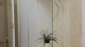 Una habitación con un armario blanco, una mesita pequeña con una planta y un televisor montado en la pared.