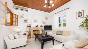 A living room with a fireplace, a TV, and a sofa.