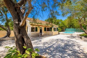 Une maison avec une piscine, une terrasse et un arbre au premier plan.