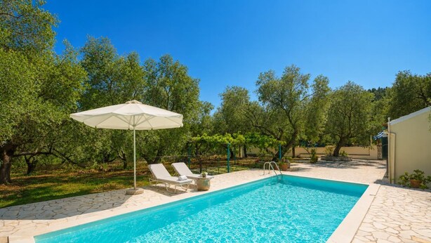 A rectangular swimming pool with a clear blue water surface, surrounded by a stone deck. There are two white sun loungers with a white umbrella, and a ladder leading into the pool. - Villa Old Vineyard - One Bedroom Villa, Sleeps 2 (Paxi)