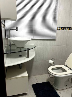 Hair dryer, towels, soap, toilet paper