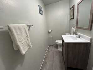 Shower, hair dryer, towels, toilet paper
