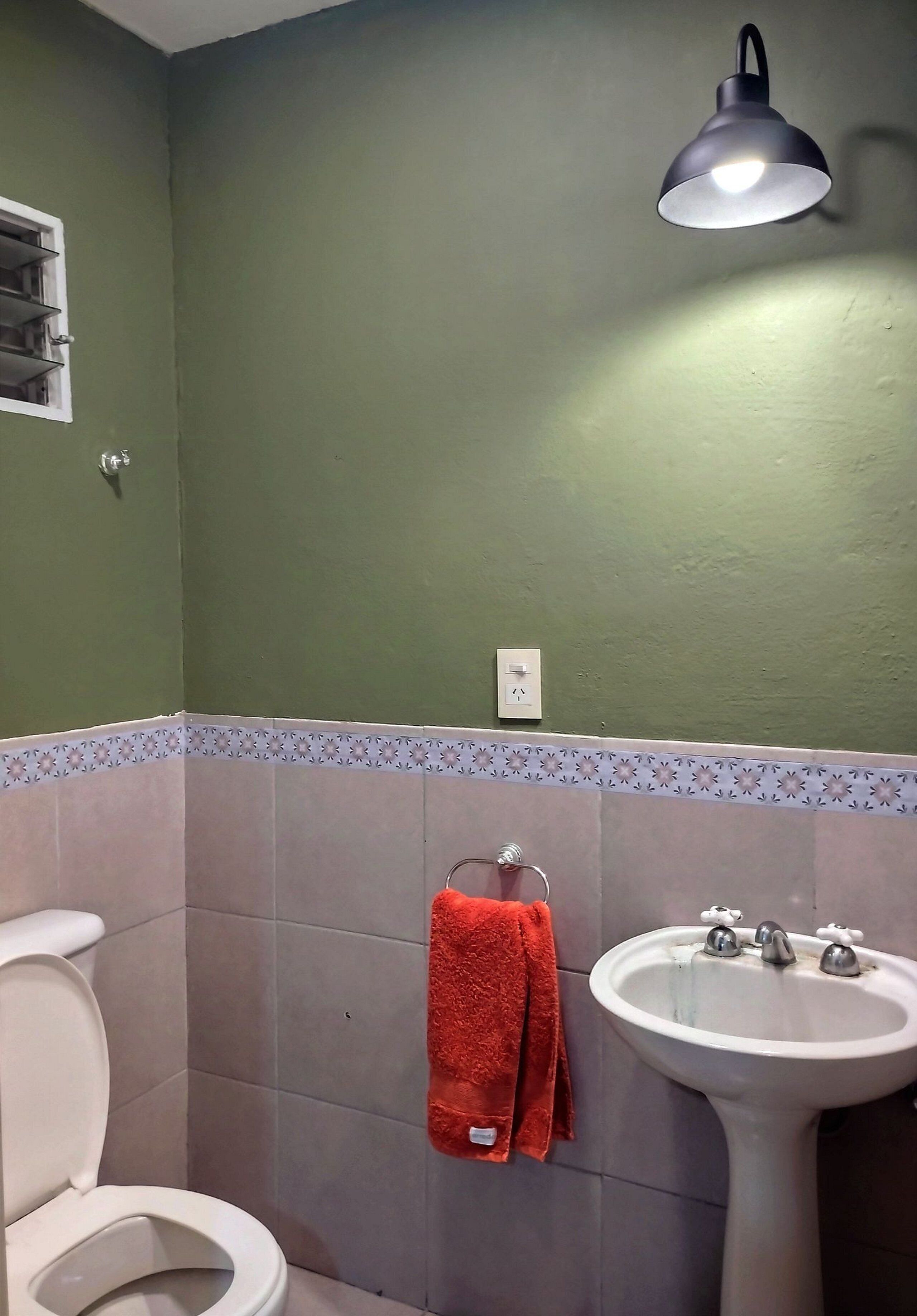 A bathroom with a green wall, a white sink, and a toilet.
