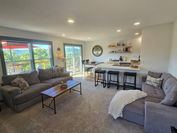 Smart TV, fireplace, books