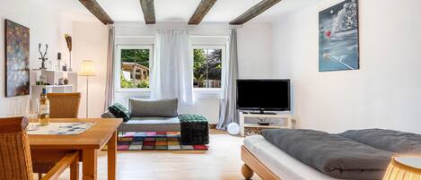 Une pièce chaleureuse avec une table en bois, un canapé, un téléviseur et un tapis aux couleurs vives.