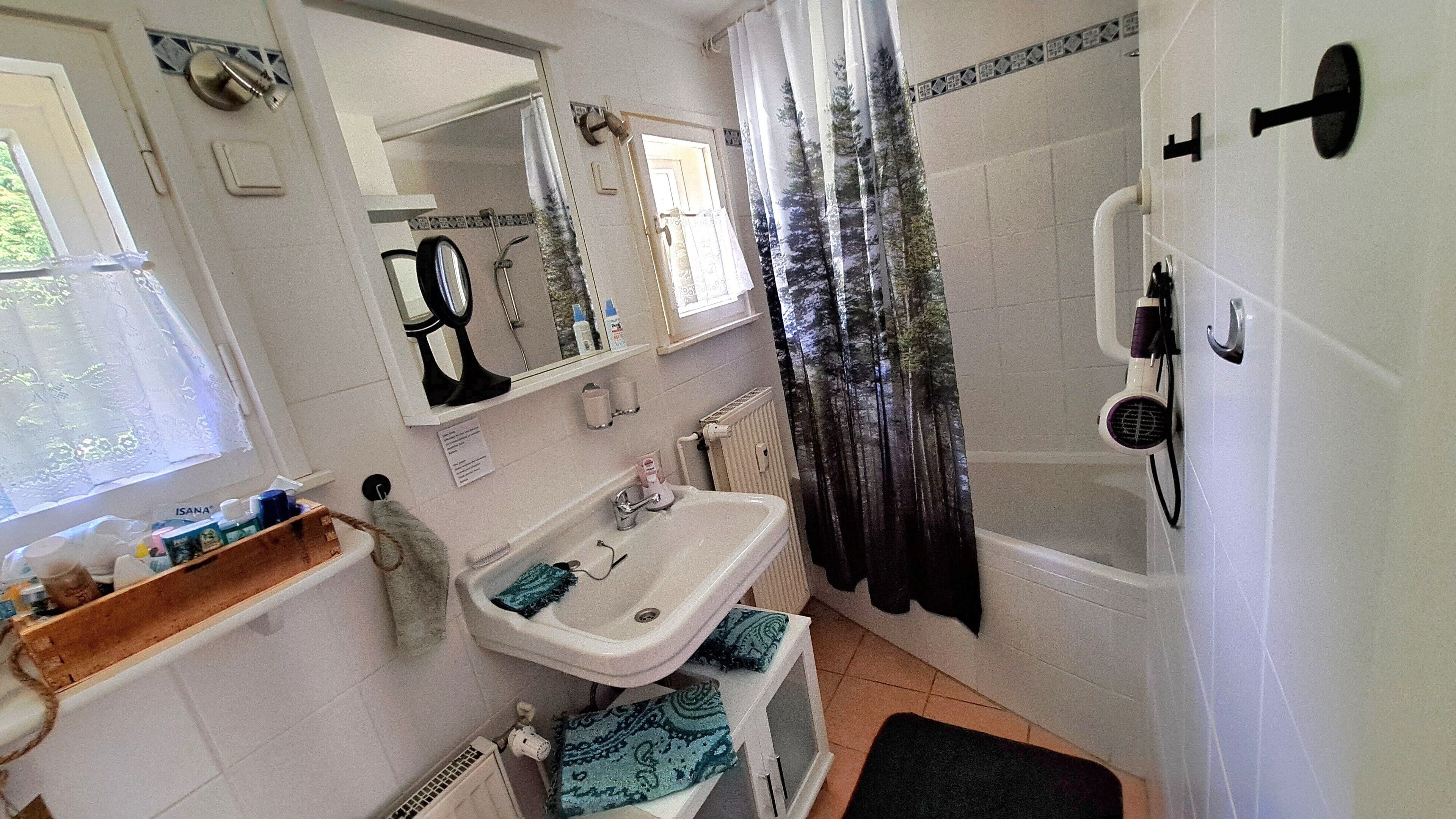 Shower, hair dryer, towels