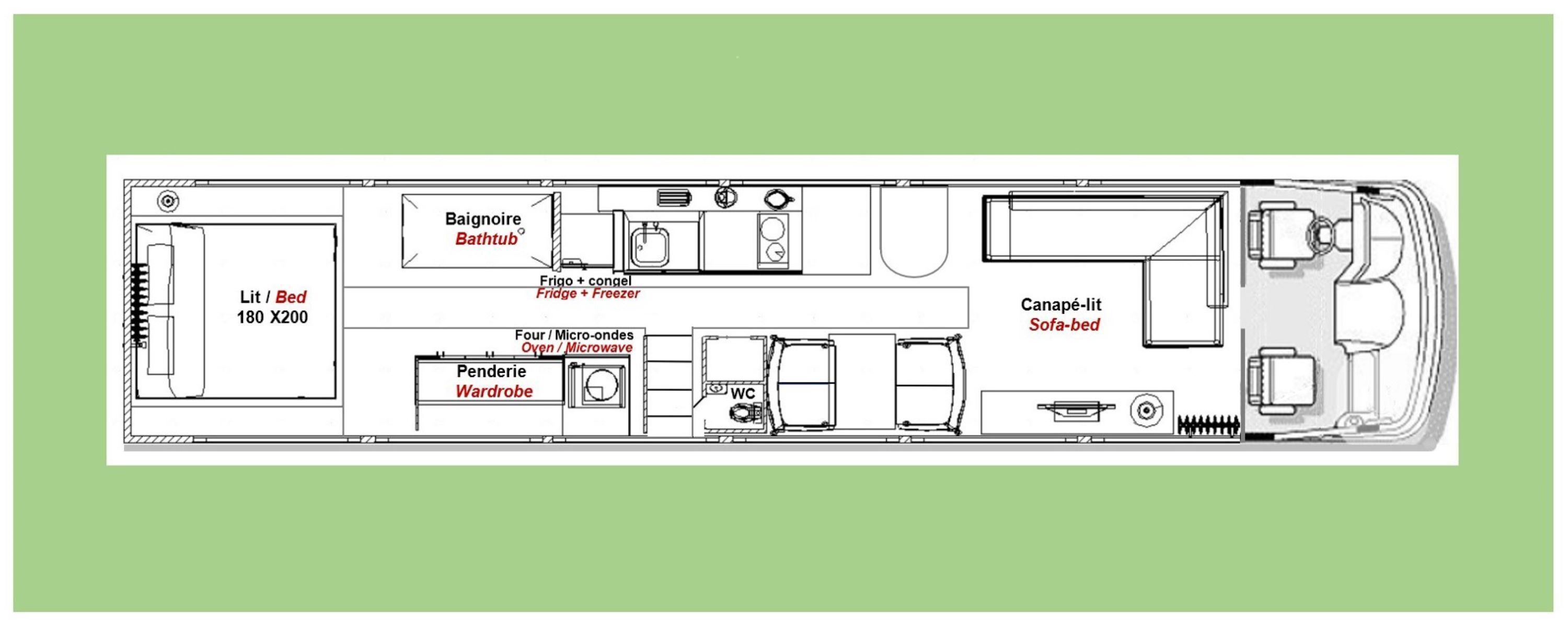 A detailed floor plan of a train carriage with a Lit/Bed area, Baigneoire Bathtub, Frigo + freezer, four micro-ondes, oven/microwave, wardrobe, WC, and a sofa-bed.