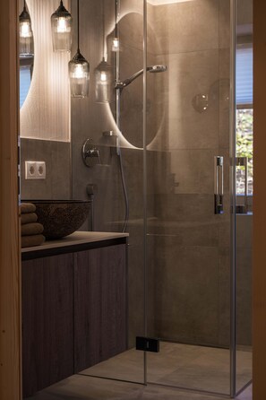 Shower, hair dryer, bidet, towels