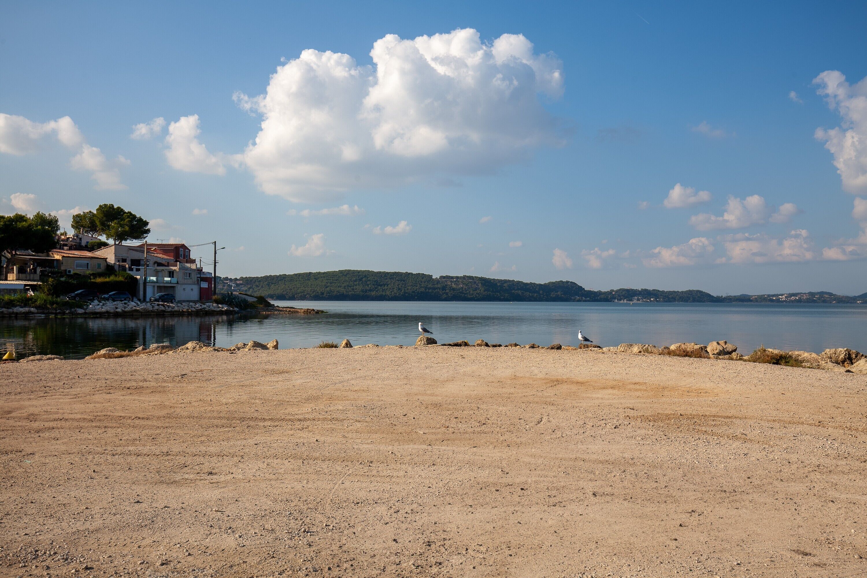 A coastal landscape with a sandy beach, a calm body of water, and a distant hill.