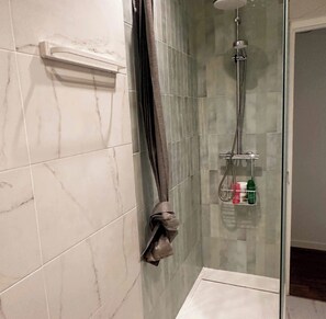 Shower, hair dryer, towels
